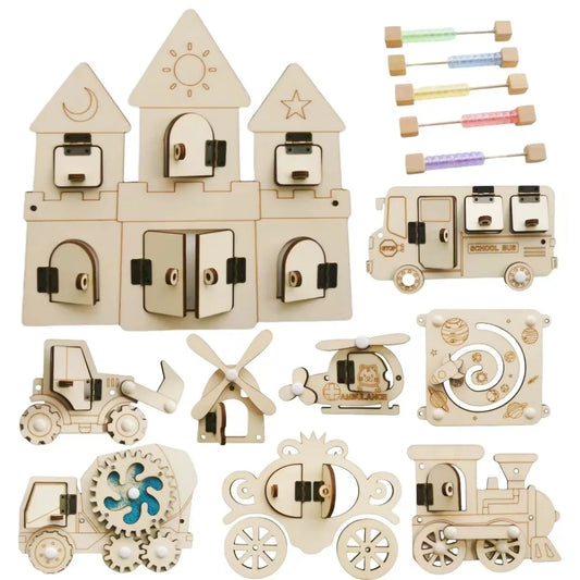 Montessori Busy Board DIY Wood Accessories Early Ball Calculation Bulldozer Castle Helicopter Educational Toy For Children Gifts