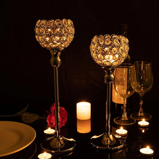 Gold Crystal Candle Holders Set of 2 Pillar Candlesticks for Table Centerpieces Home Decor Wedding Party Housewarming Gift