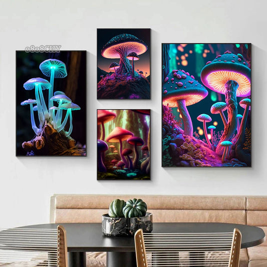 Magic Mushrooms Canvas Print Posters Mushrooms Neon Pop Art Canvas Painting Wall Art Mural for Home Room Decor Picture Cuadros